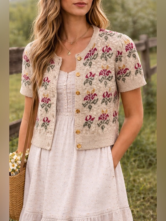 St Michael Sweaters - St Michael Vintage Floral Knit Cardigan Beige Cottagecore sweater UK 12/14 A4